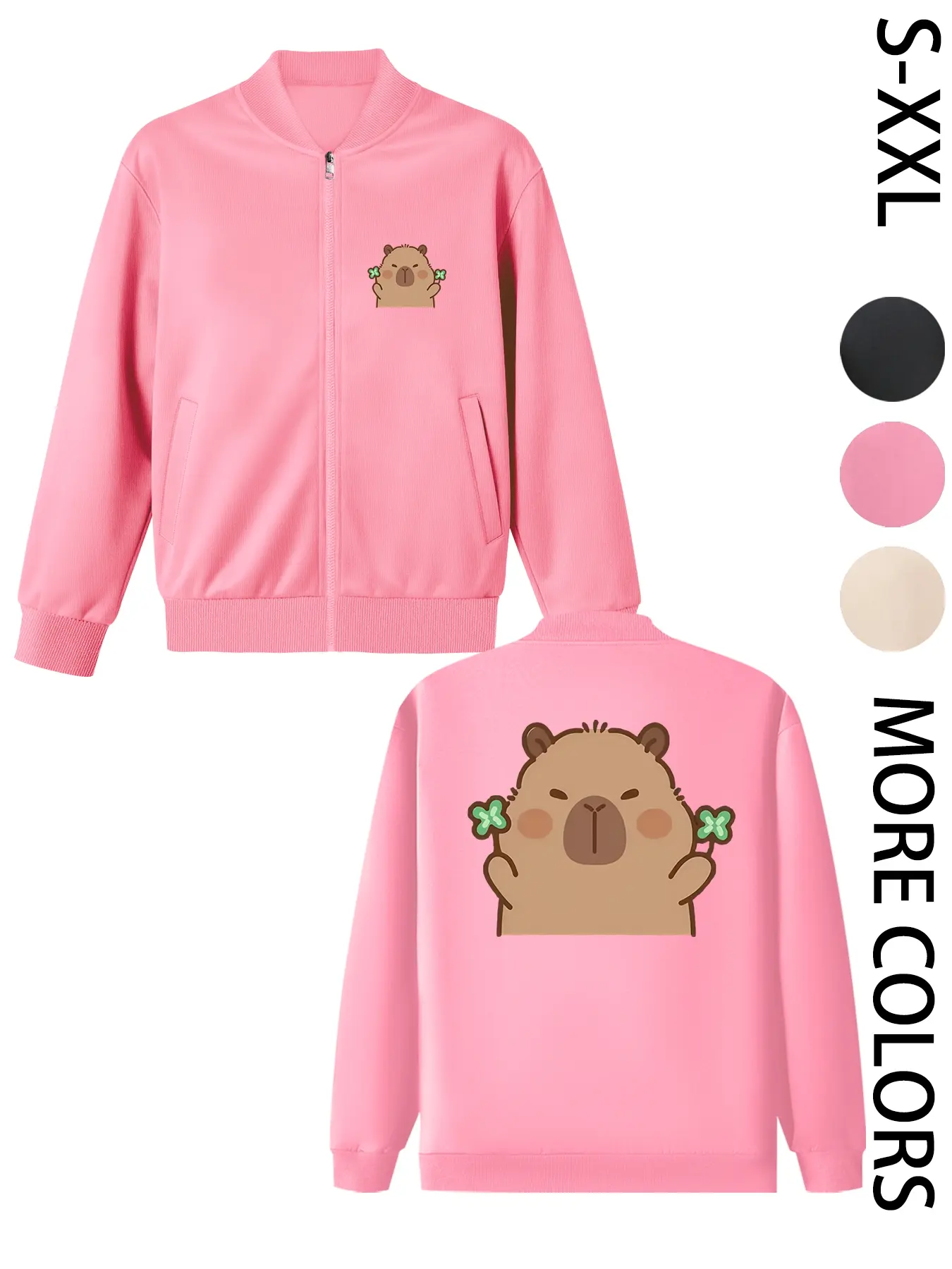 Women's Casual Lightweight Bomber Jacket with Brown Bear-Holding-Clover Print, Fashionable and Comfortable Design, Suitable for Daily Wear and Outdoor Activities