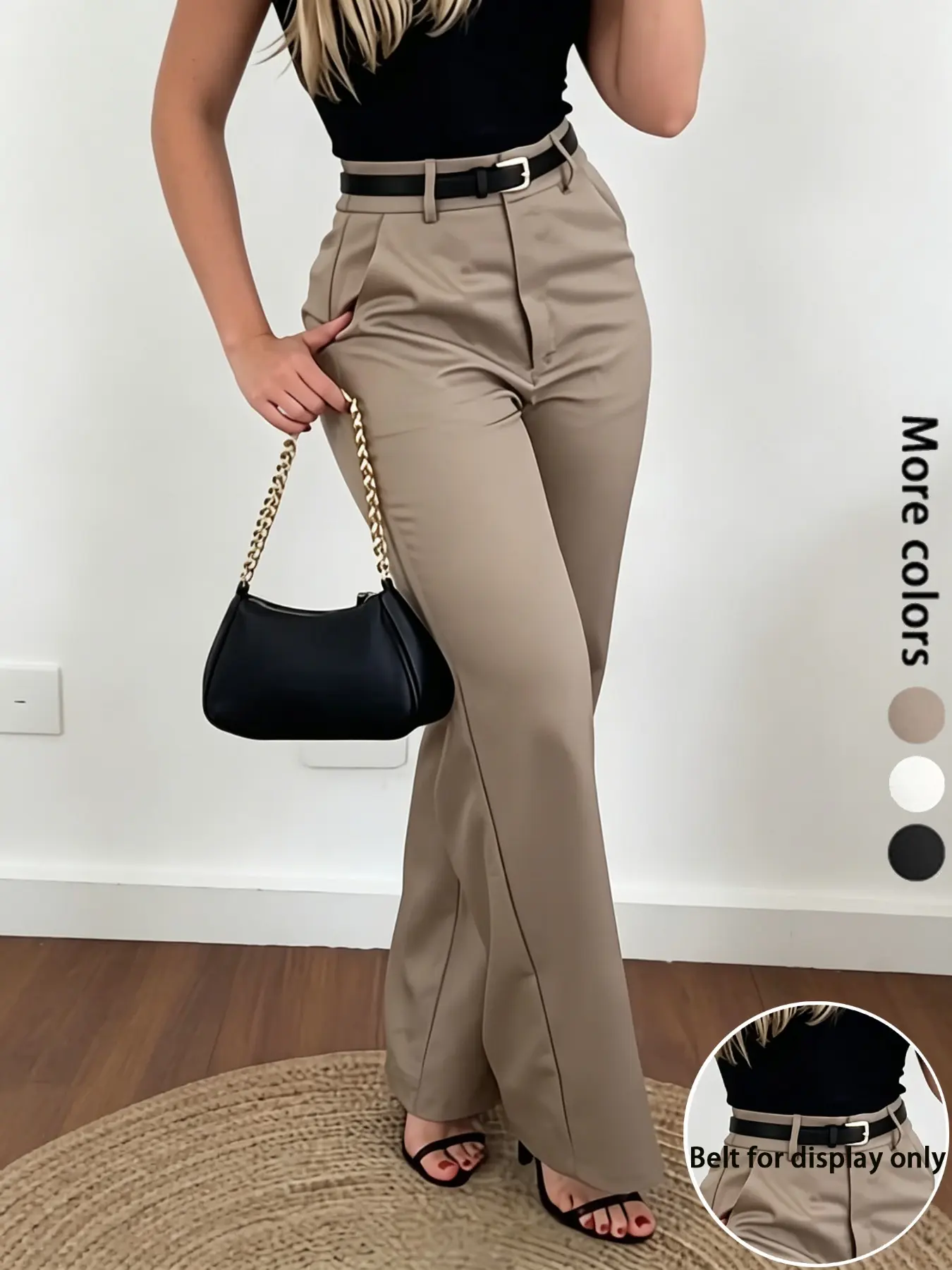 Women's Elegant Business Casual Plain Long Pants, Business Casual Trousers, Zipper Fly Design, High Waist Loose-Fit Straight Leg Pants, Womenswear, Bottom, No Belt Needed