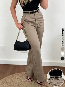 Women's Elegant Plain Long Pants, Zipper Fly Design, High Waist, Loose-Fit, Business Casual, No Belt Needed, Womenswear