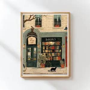 Bookstore Art Print, Cozy Bookshop Illustration, Library Wall Decor, Gift for Book Lover, Reading Nook Poster, Home Office Literary Art