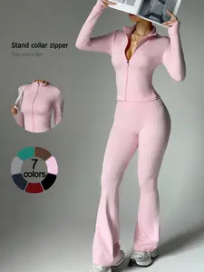 2 Piece Set Women's Activewear Set Full Zipper Stand Collar Jacket Long Sleeve with Thumbholes High-Waisted Tummy Control and Butt Lifting Flared Pants Slim Fit and Slimming Yoga Gym Running Casual and Versatile New Sportswear for Daily Wear Sweatsuit Set