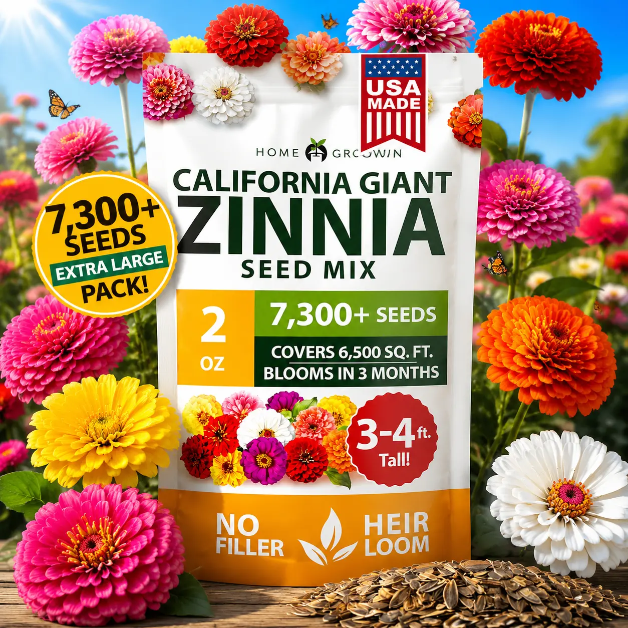 Home-Grown Zinnia Seeds –  100% Pure Heirloom Flower Seeds,NoFillers and balcony planting-Chaos or Cut Flower Garden. Shade Quick-Growing premium small bulk lover easy growth