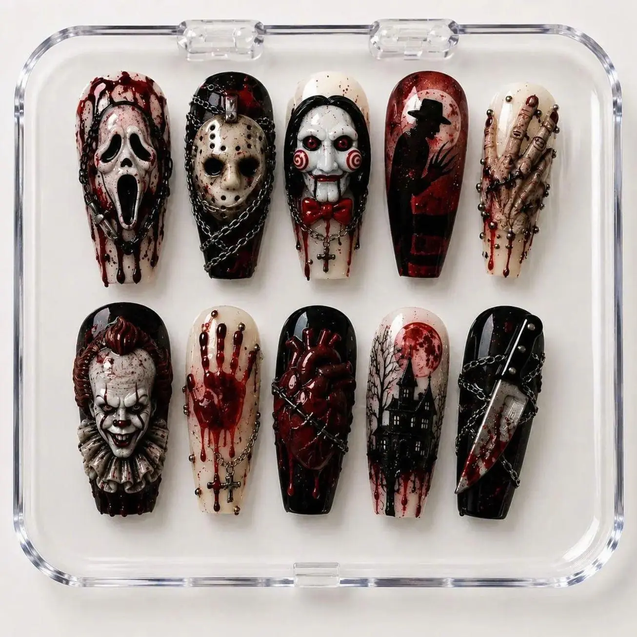Horror Movie Inspired Press On Nails, Bloody Gothic 3D Nail Set, Scream Mask Clown Puppet Slasher Style, Red Black Halloween Fake Nails, Handmade Spooky Nail Art | FREE Adhesive Tabs FREE Nail File FREE Cuticle Stick
