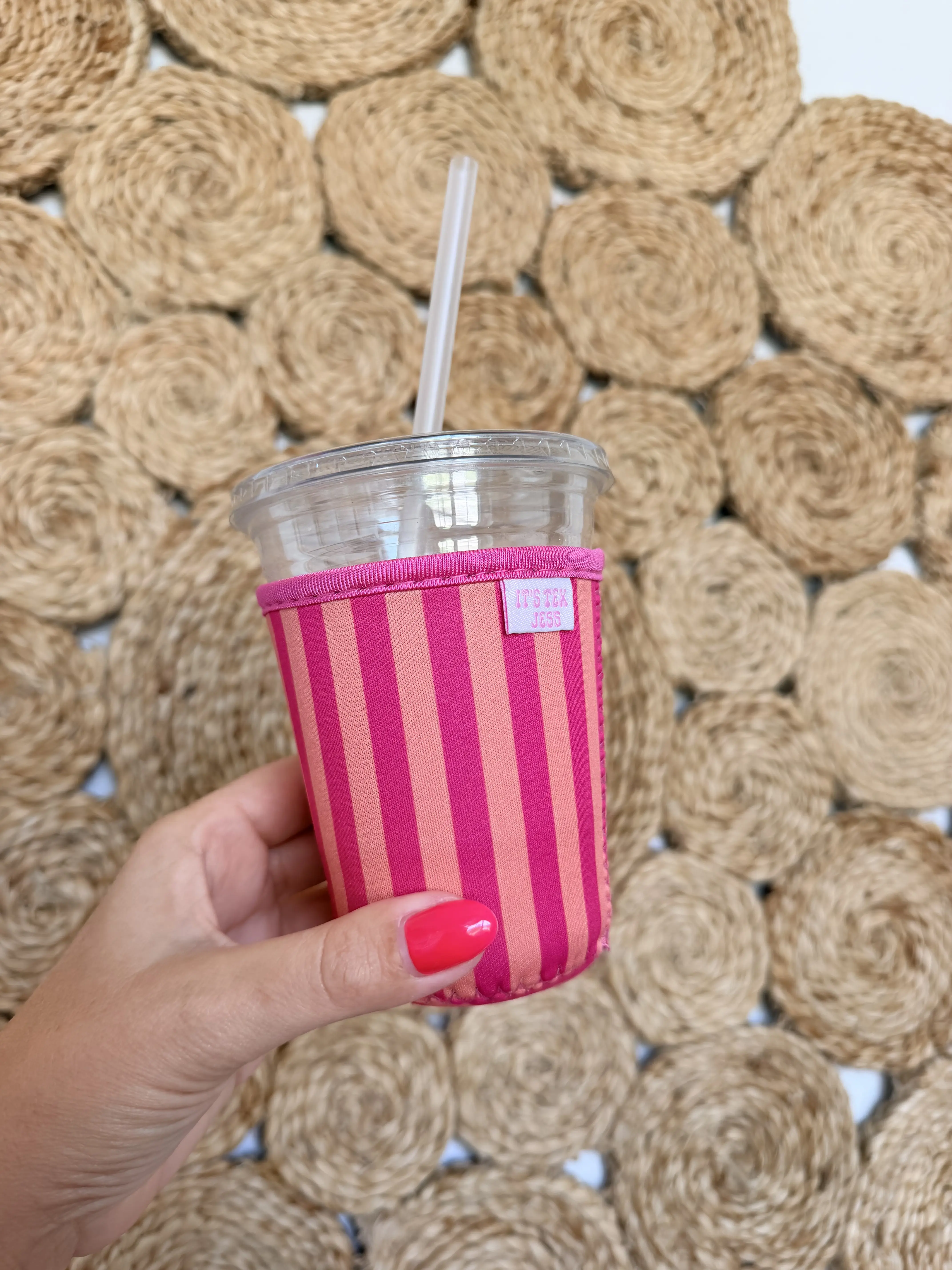 Iced Drink Sleeve -Pink and Orange Stripe, Coffee Cover