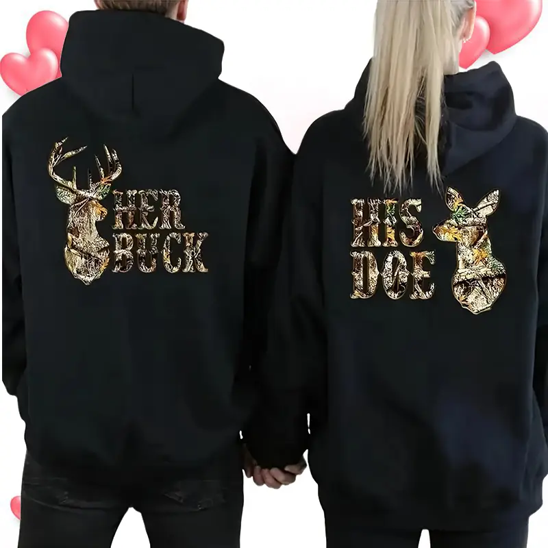 He Deer She Doe Hoodie Camouflage Hoodie Hunting Couple Hoodie Matching Deer and DOE Outdoor Couple Matching Hoodie Unisex Classic, Couple Style, Love Gift (1 Piece)