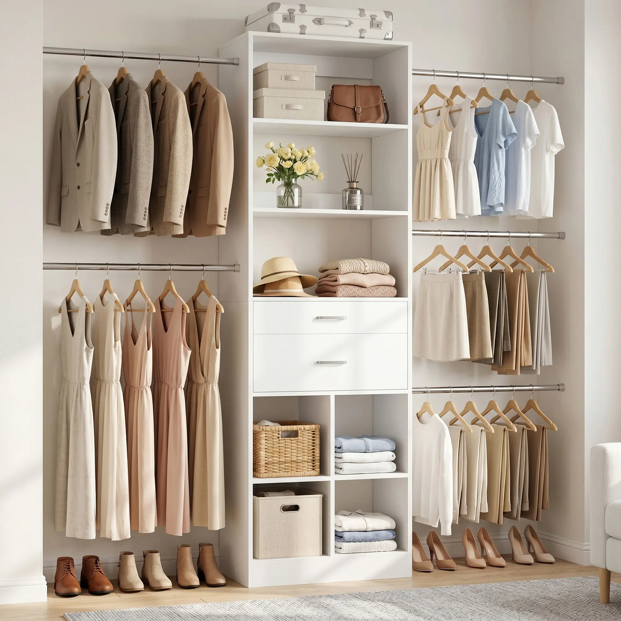 56''-81'' Adjustable Closet System for Reach-in/Walk-in/Built-in Closet Space, 3.2-6.8FT Small Closet Organizer Wardrobe Tower with 2 Wooden Drawers & 5 Expanable Hanging Rods