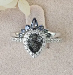 Janefashions Pear Cut Halo Black Rutilated Quartz Diamond Simulant CZ Engagement Ring N Wedding Band Bridal Ring Set Wedding Ring Travel Rings 925 Sterling Silver Size 3-10 S6959