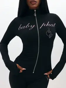 BABYPHAT Long Sleeve Zip Up Top With Script Logo And Flare Leg Silhouette For Casual Street Style