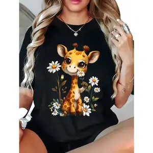 Women's Cute Giraffe Graphic T-Shirt - Short Sleeve, Crew Neck Casual Top with Daisy Floral Print, Stretchy & Machine Washable