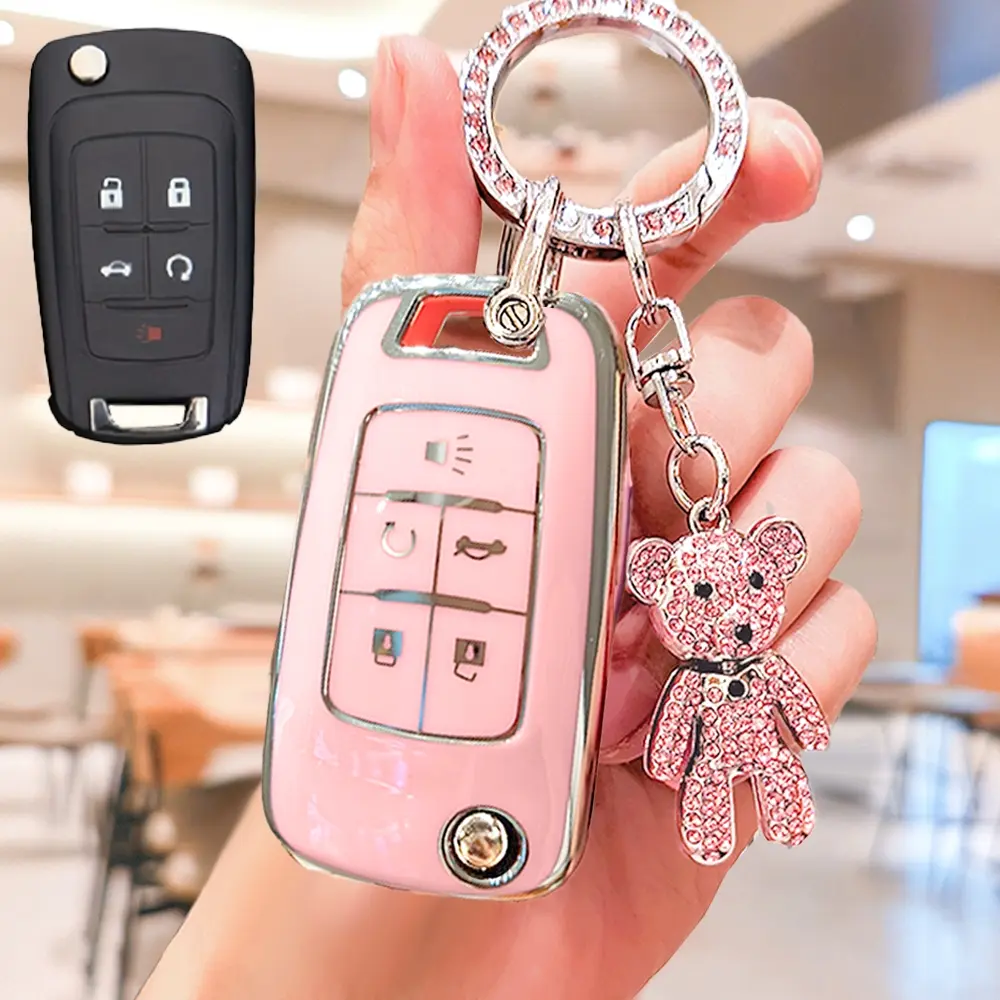 Keychain Set Key Fob Shell for Chevrolet Buick Cars, Car Key Protector, Car Key Cover, Rhinestone Bear Key Chain Accessories, Car Key Accessory, Car Key Holder, Compatible with Malibu Cruze Captiva Epica Tracker