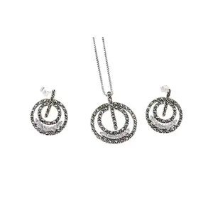 925 Sterling Silver Marcasite Circle Jewelry Set – Necklace 16” 18” 20” (1mm Chain) + Earrings
