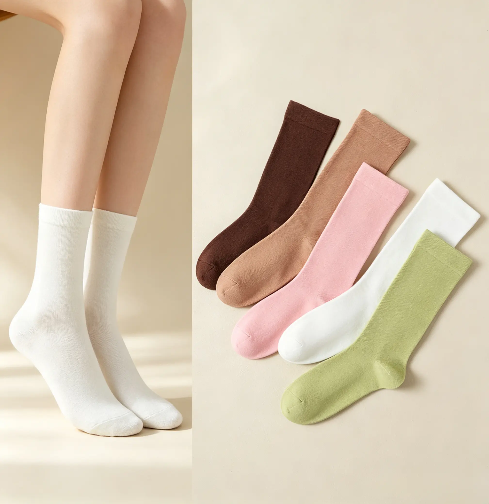 Ladies' Basic 5-Pack Solid-Tone Slouch-Fit Crew Socks, Elastic Air-Permeable Cotton Mid-Calf Layerable Hosiery for Skirts, Formal Footwear, Minimalist