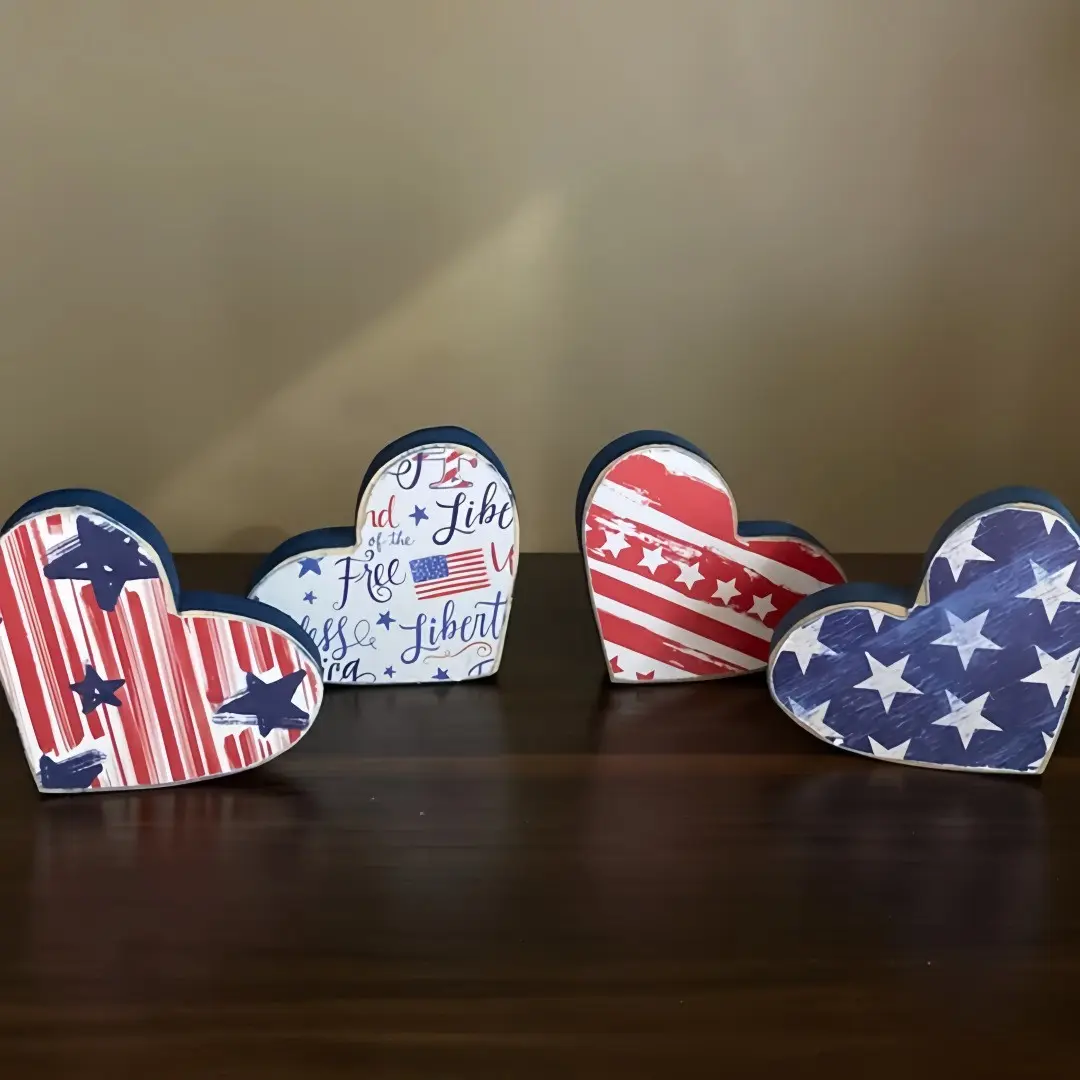 Independence Day Stars and Stripes Wooden Heart Decorative Layered Tray, Rustic Farmhouse Style, Patriotic Home Decoration, Home Ornaments, Heart Shaped Decor, Farmhouse Room Decor