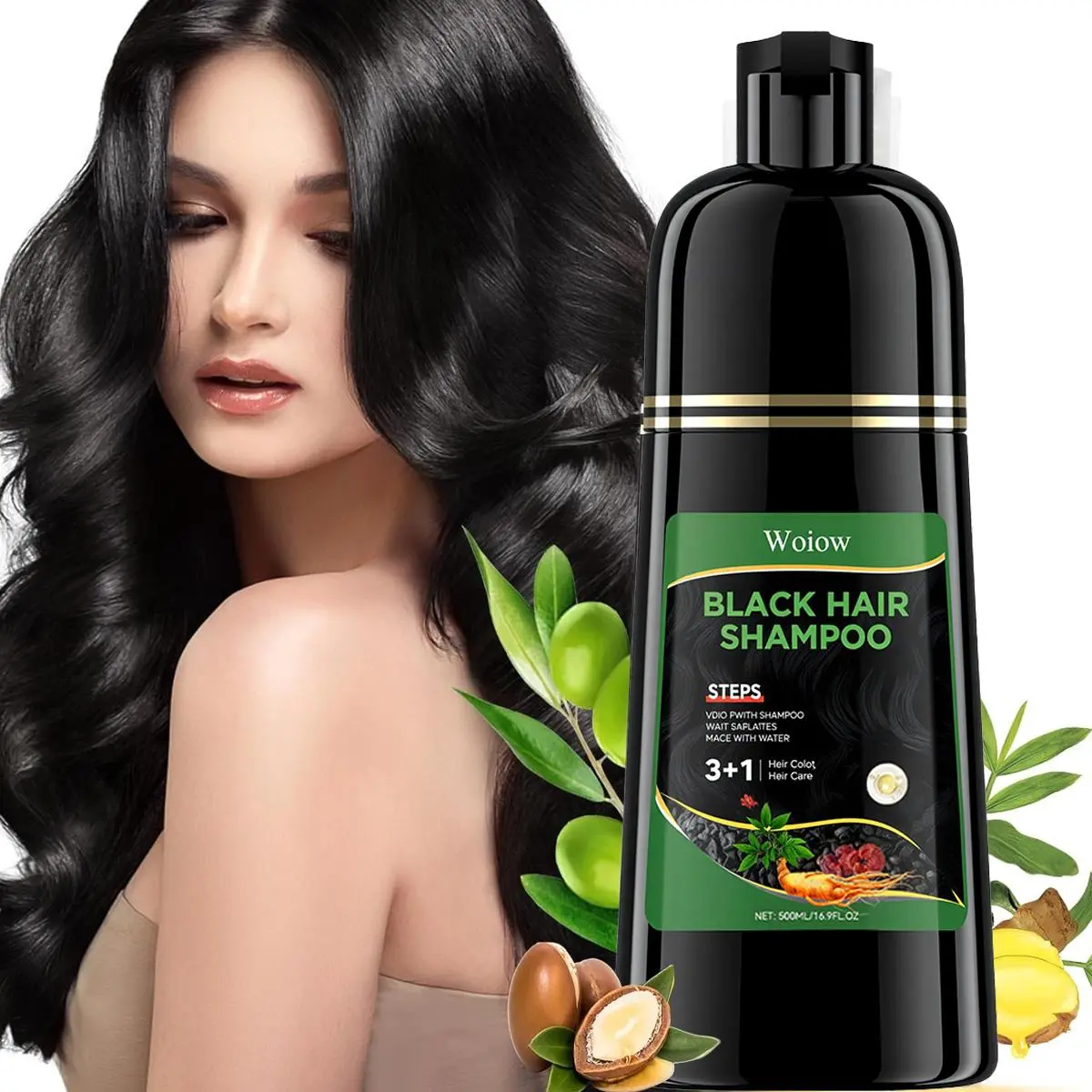 3-in-1 Hair Dye Shampoo and Conditioner for Black Hair, 100% Gray Coverage with Herbal Ginseng Extract for Men & Women, Haircare, Cleanser, Gift, Restore, Plant, Gentle, Black Hair Dye