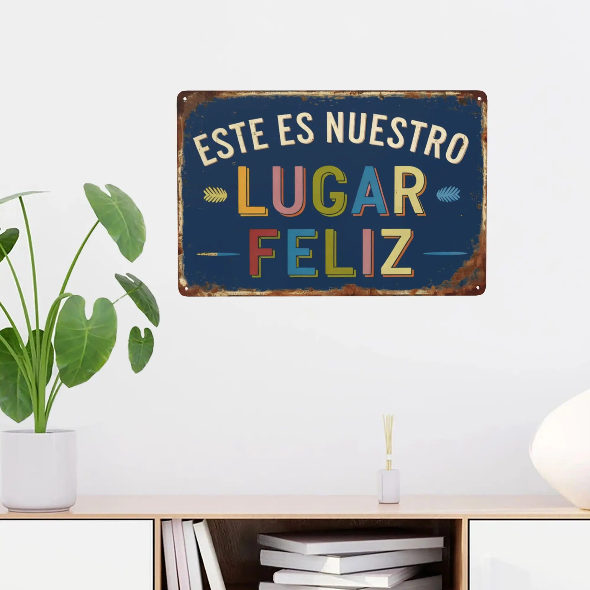 2D Flat, 1pc 12*8in Aluminum "This Is Our Happy Place" Spanish Family Metal Sign.Colorful Retro Design, Pre-drilled Holes for Easy Hanging, Suitable for Living Room, Entryway, Family Room.Heartwarming Gift for Spanish-Speaking Families.