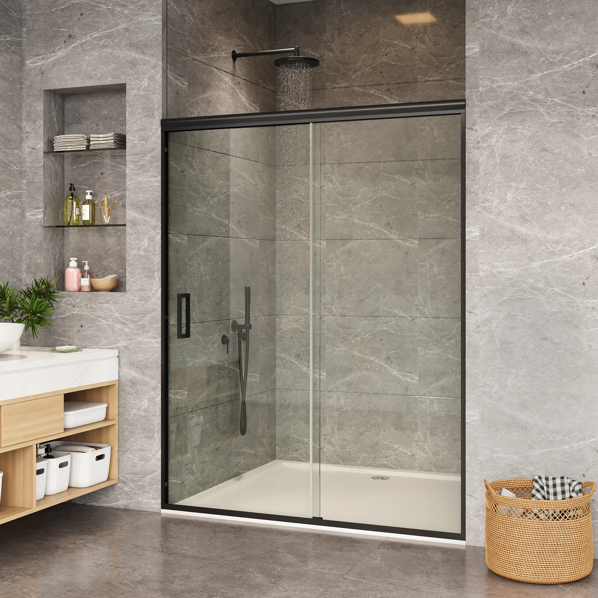 Sliding Shower Bathtub Door, Heavy Duty Tempered Glass Sliding Panel with Explosion-Proof Film, Multi-style Metal Handle Bathroom Sliding Door for Home Upgrade