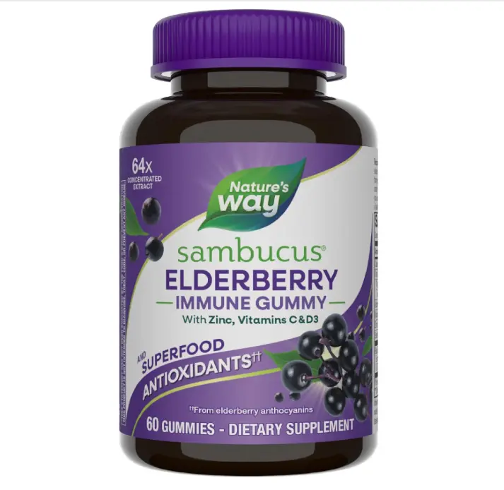 Nature’s Way Sambucus Elderberry Immune Support Gummies for Kids & Adults* with Black Elderberry Extract, Vitamin C, Vitamin D3, and Zinc, 60 Gummies (Packaging May Vary)