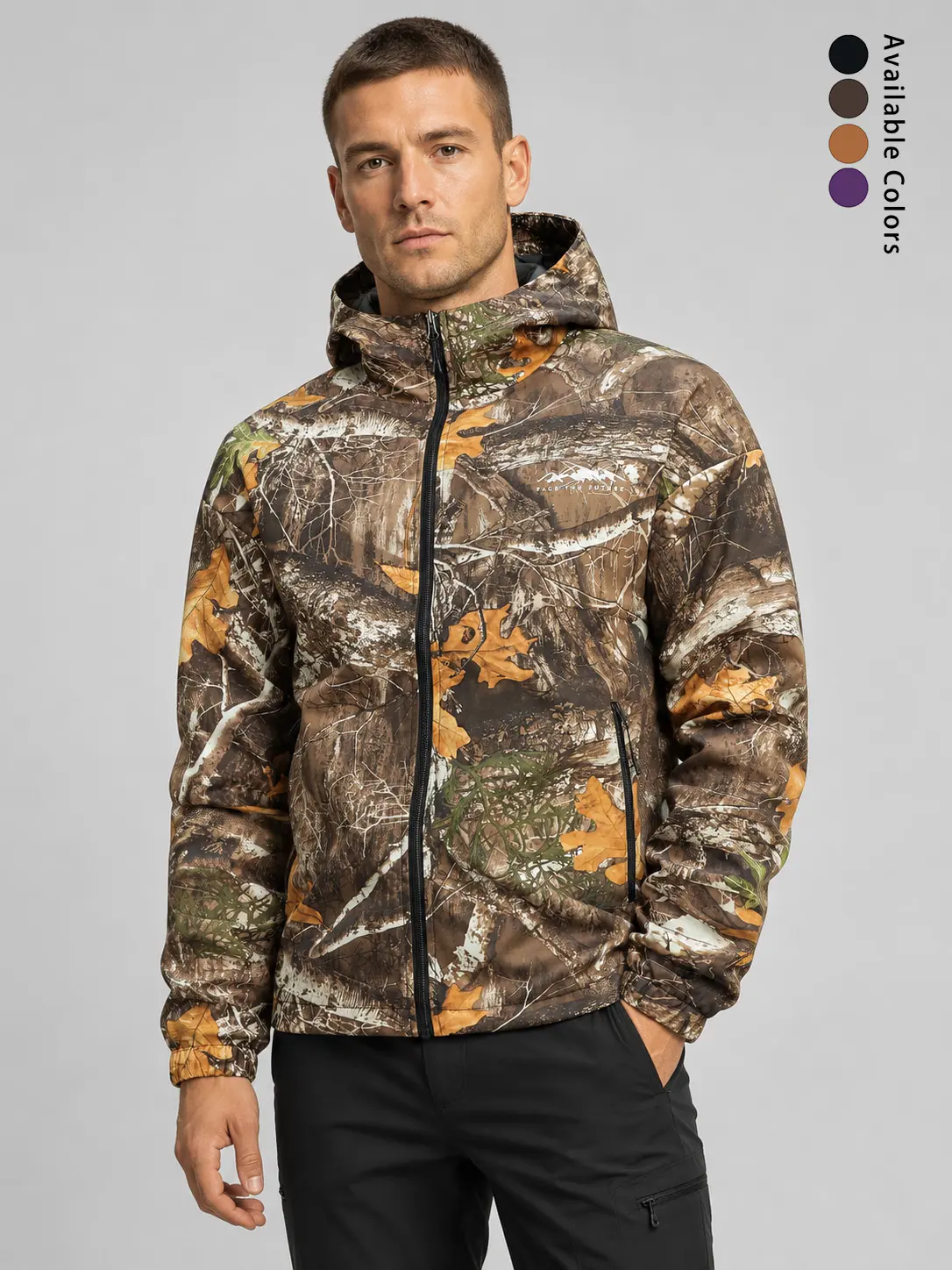 Men’s vintage camouflage hooded jacket with drawstring hood, zippered pockets, windproof design—hunting streetwear outerwear