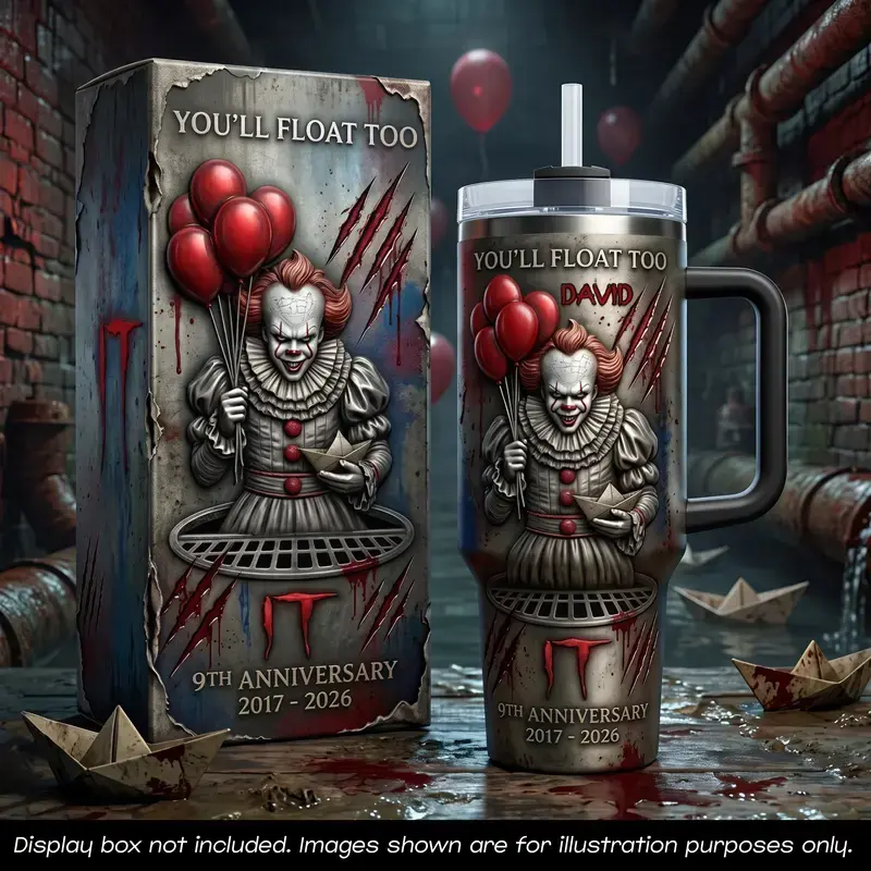 IT Movie 9th Anniversary 2017-2026 40oz Tumbler with Straw Handle, Pennywise Youll Float Too Custom Name Insulated Vacuum Mug, Spooky Red Balloon Cold Water Bottle, Scary Horror Fan Collector Gift