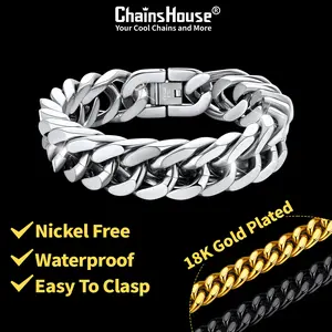 ChainsHouse Cuban Link Chunky Chain Bracelet 18K Gold Plated Stainless Steel Wrist Bracelet, 8/12/17mm Width, 7.5"/8.3"/9" Length Cool Casual Hip Hop Bracelet for Men Women CHH18336