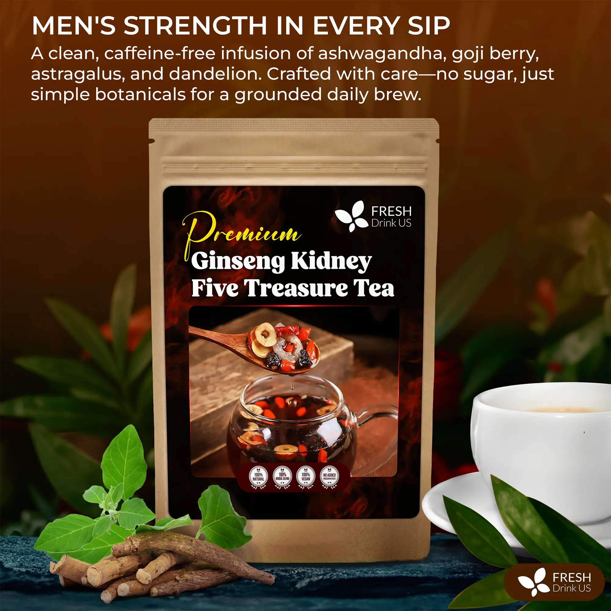 【FreshDrinkUS】 Kidneys & Liver Health Tea - Premium Ginseng Kidney Five Treasure Tea - Traditional Healthy Kidney Cleansing Tea for Men & Women. Ashwagandha Root, Goji Berry Fruit, Schisandra, Astragalus, Dandelion root, Rehmannia Herbal Tea