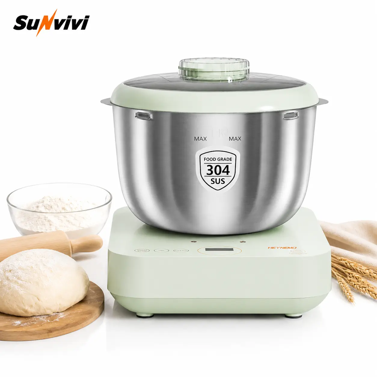 Sunvivi Multifunction Automatic Bread Maker Machine - 5.2QT Stainless Steel Bowl, 200W DC Motor, Removable Blade, Dough Weighing Function, 120V AC, Quiet Operation, Large Batch Capacity, US Plug Type, Household Kneading Appliance