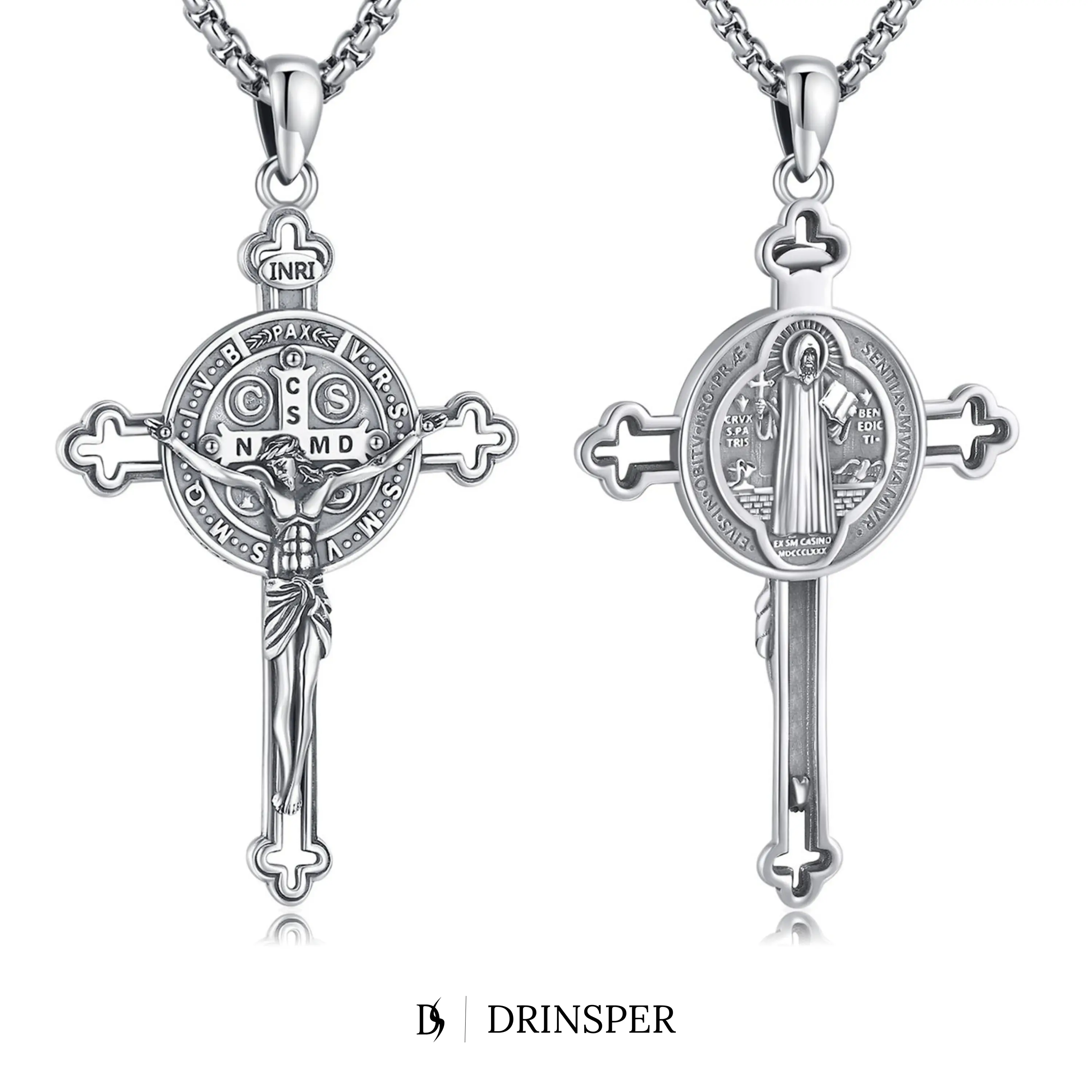 DRINSPER Saint Benedict Cross Necklace 925 Sterling Silver San Benito Pendant Necklace, Pardon Crucifix Necklace, Religious Jewelry for Men Women TikTokShopBlackFriday