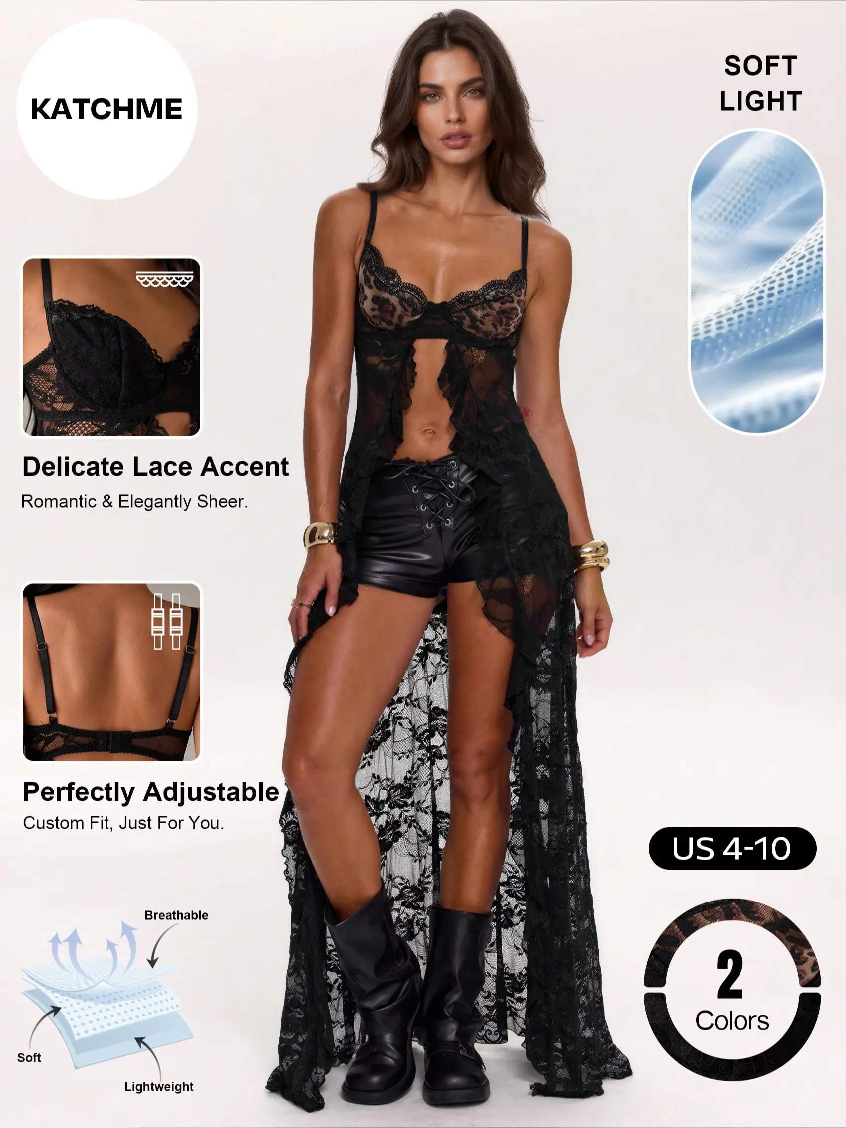 Katch Me Chic Women's Breezy Adjustable Strap Sweetheart Neckline Front‑Split Sheer Lace Maxi Dress, Vibrant Bralette Lace Top (2)