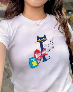 Vintage Cat Guitar Baby Tee - 90s Grunge Aesthetic