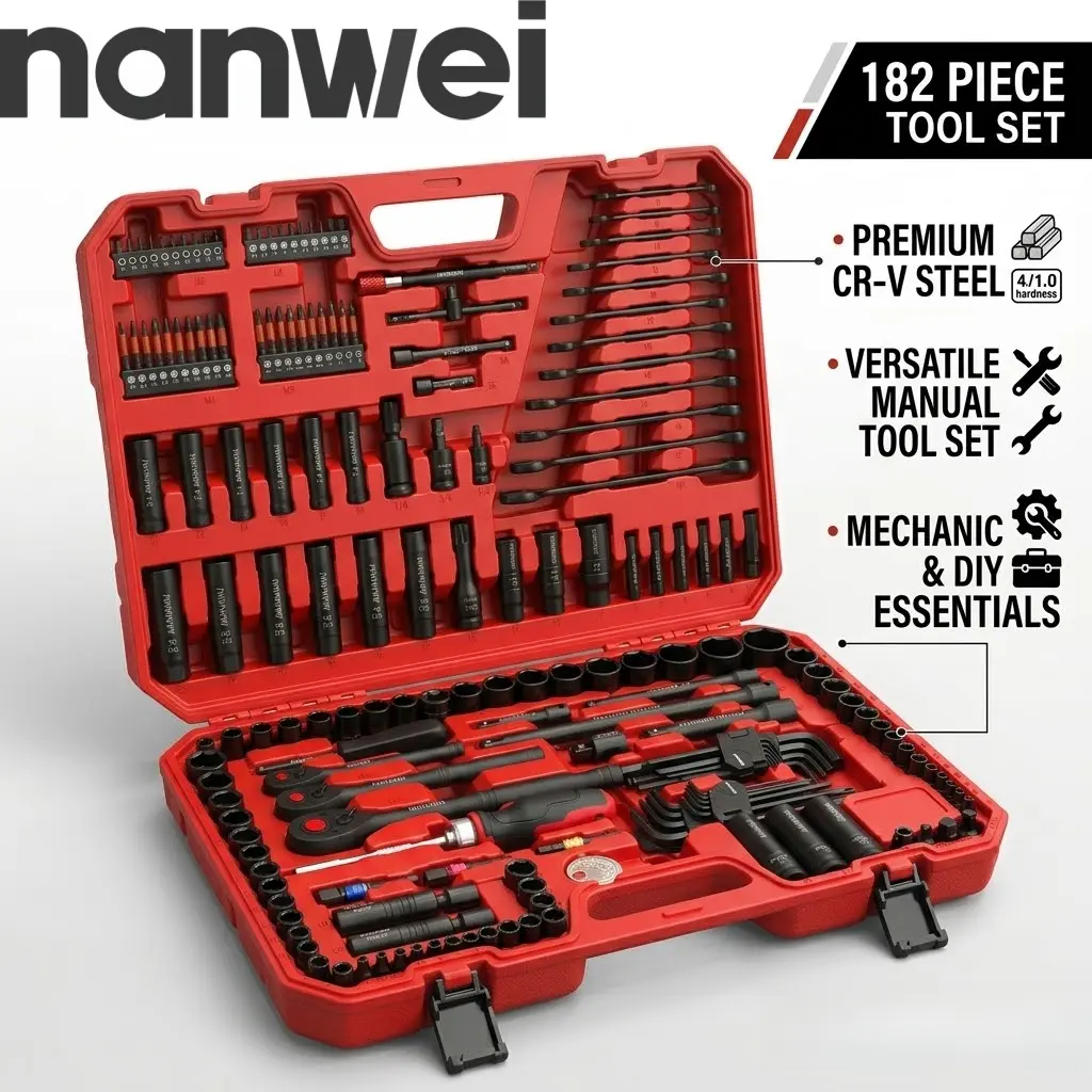 182 Pieces Cr-V Steel Mechanic Tool Set with Anti-Rust Coated Ratchet Wrench, Tool Box, SAE & Metric Deep/Shallow Sockets, Extension Bar, Screwdriver Bits, Universal Joints for Auto Repair
