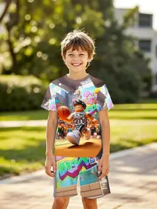 Boys' Junior 3D Short Sleeve Set Outfit Pixel Basketball Style, Casual Two-Piece for Outdoor, Holiday Gift, Birthday Present