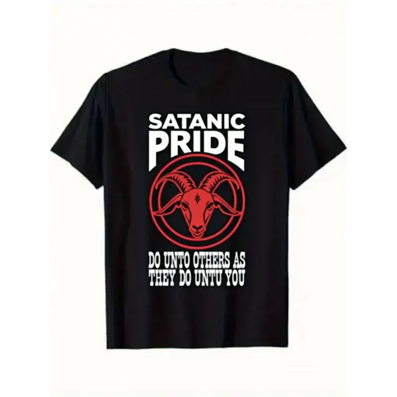 Men's Vintage Graphic Tee - Unisex Baphomet Goat Head-Inverted Pentagram Print, Occult Symbol Streetwear, Stretch Cotton-Like Fabric, Short Sleeve Round Neck Casual Top for Gothic Fans