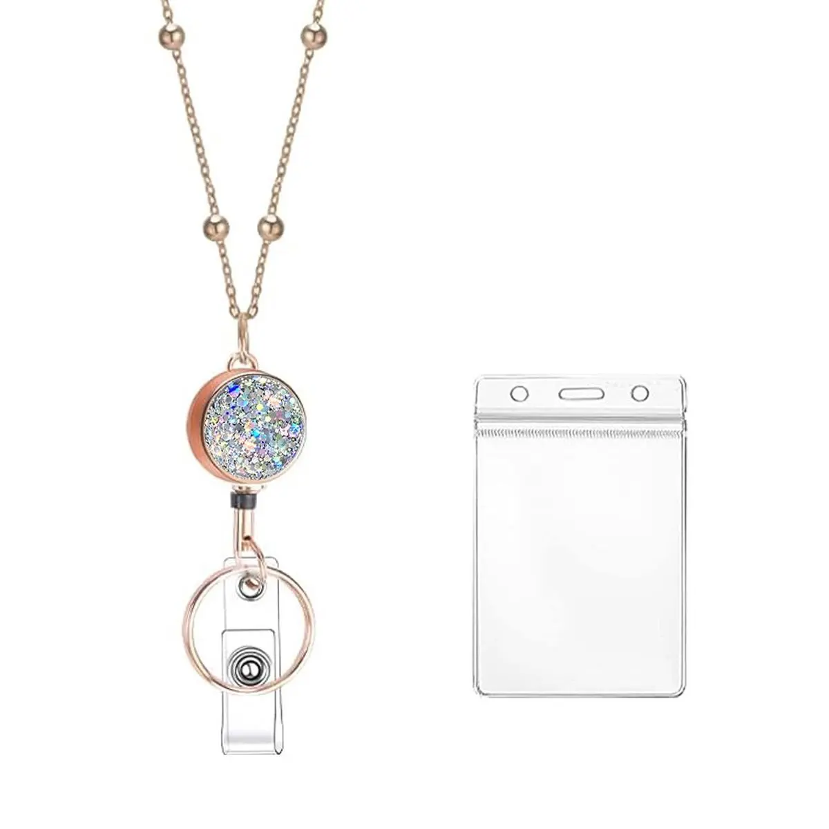 3pcs Fashionable ID Chain Set, Silver Color Adjustable Lanyard, Teacher Badge Holder, Badge Holder With Lanyard, Gold Bead Chain, Office & Medical Use, Classroom Supplies, Retractable Id Badge Holder, Badge Reel, Badge Accessories