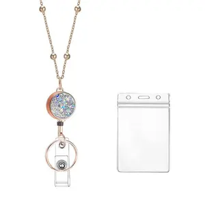 3pcs Fashionable ID Chain Set, Silver Color Adjustable Lanyard, Teacher Badge Holder, Gold Bead Chain, Office & Medical Use, Classroom Supplies, Retractable Id Badge Holder