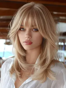 18 Inch Bangs Medium Long Curly Puffy Wig, Synthetic Heat Resistant Fiber, Suitable for Women Daily, Party, Festival, Travel, Music Festivals, Fluffy Synthetic Wigs