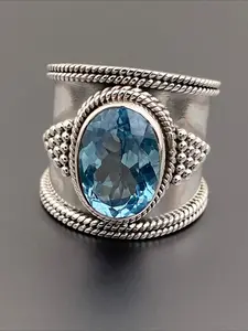Boho Blue Topaz Sterling Silver Ring, Vintage Oval Cut Gemstone Wide Band Statement Ring, Handmade Ethnic Retro Jewelry for Women Gift, Vintage Rings