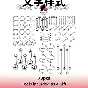 73-Piece Multi-Purpose Surgical Steel Body Piercing Jewelry Set, Durable Stainless Steel Accessories, Multi-Style Rings & Barbells, Suitable for Piercings at Ears, Nose, Lips & Belly Buttons