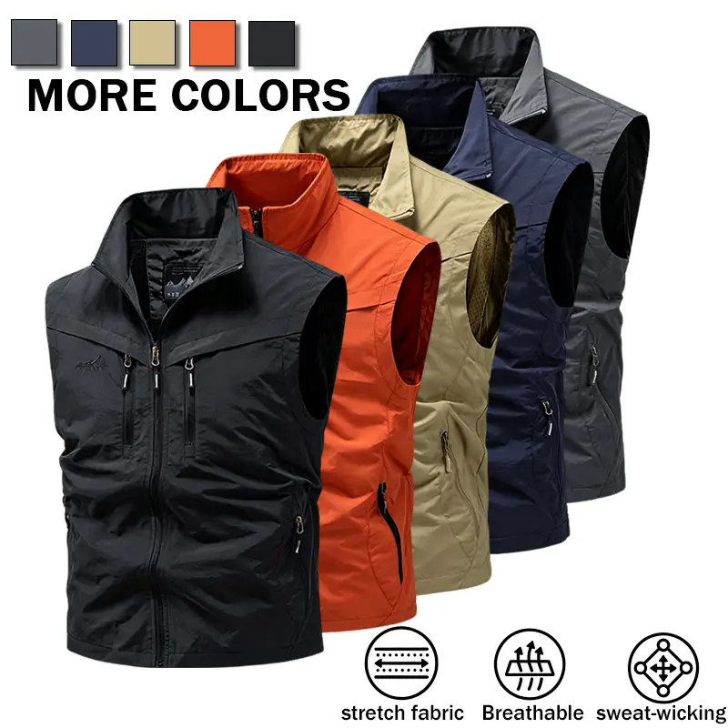 Outdoor versatile men's multi pocket workwear vest, quick drying breathable fishing photography stand up collar vest