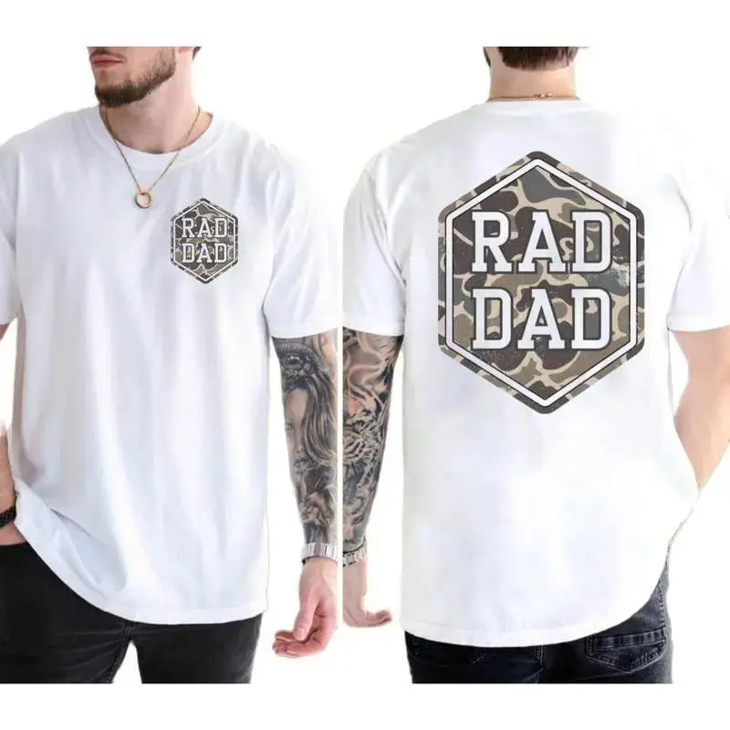 Rad Dad Camo Print T-Shirt, Men's Double-Sided Graphic Tee, Funny Father's Day Gift, Unique Gift For Dad From Son & Daughter, Hunting Dad Casual Top, Regular Fit Short Sleeve Crewneck Tee
