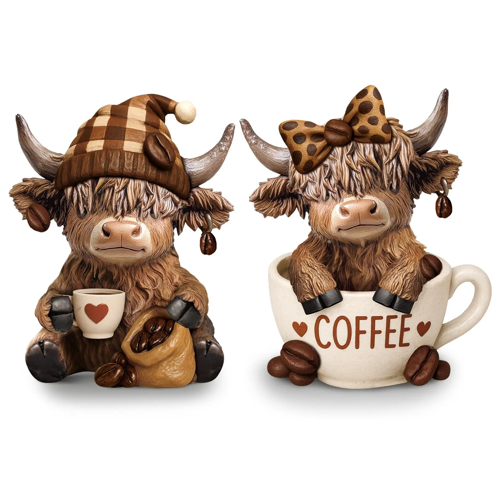 Gejoy Highland Cow Figures Gift 3D Cow Statue 2pcs Cute Scottish Cattle Ornaments Coffee Red Wine Birthday Strawberry Lavender Bee Theme Cow Desk Decoration, Gift for Women Men CowBoy, Summer Holiday Gift