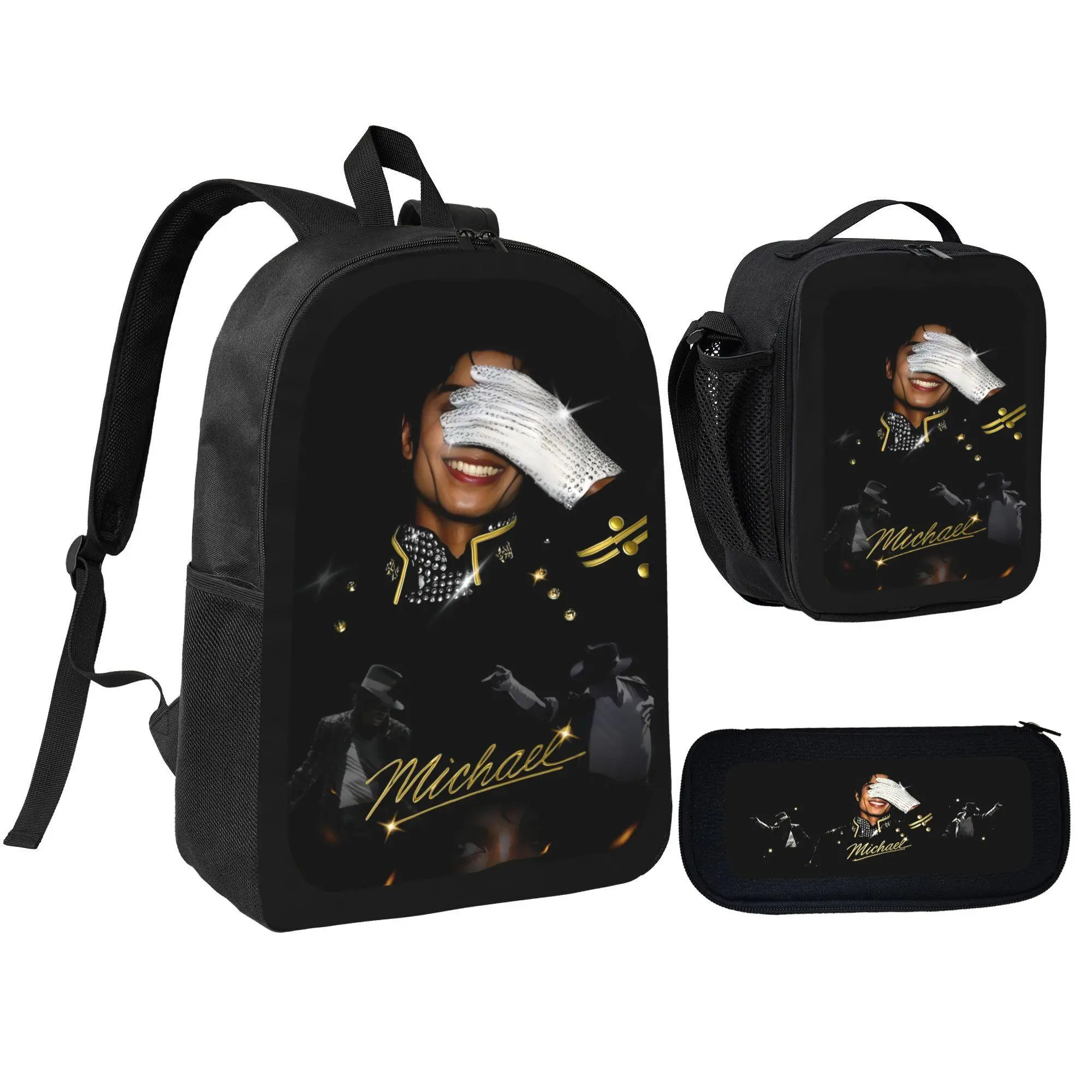 Checkered Background Crown Cartoon Figure Shark Mouth Graffiti Print 3 in 1 Backpack Set, Polyester Large Capacity Bookbag with Lunch Bag and Pencil Case, Lightweight Portable Travel Daypack, Hip Hop Street Art Style Daily Gift for Pattern Lovers