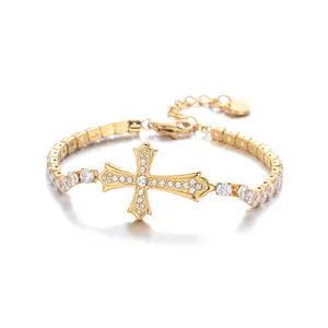 [Clearance Sale Price] Red Cross Jesus Bracelet Hypoallergenic Gold-Plated with Cubic Zirconia Adjustable Wristband 9.45 Inches Unisex Gift for Christmas Valentine's Day Birthday
