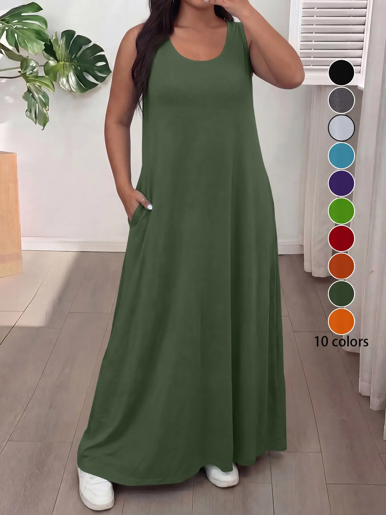 Elegant Sleeveless Round Neck Dress for Women, Pockets, Available in 10 Colors, Perfect for Casual Wear & Vacation, Slimming Design, Summer