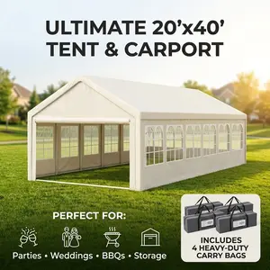 Party Tent 20x40 Carport Car Canopy with Removable Sidewalls Outdoor Wedding Tent for BBQ Event Commercial Gazebo with Storage Bags Heavy Duty Shelter for Large Gathering Backyard Party Must Haves Graduation Pavilion