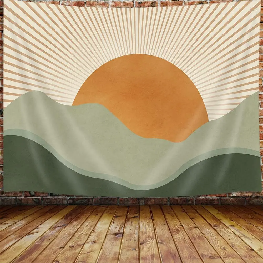 Boho Sage Green Tapestry, Abstract Mountain Golden Sun Nature Tapestry Wall Hanging for Bedroom, Modern Minimalist Landscape Tapestries Poster Blanket College Dorm Home Decor 60X40Inches