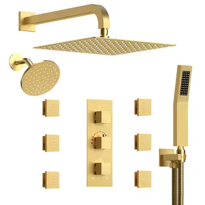 Dual Shower Head Thermostatic 3-Function Shower System with 6 Body Sprays, Brushed Gold, 12" & 6" Rain Shower Head