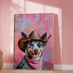 Blue Heeler Dog Cowgirl Hat Print, Dog Neutral Aesthetic Vintage Art, Puppy Funky Western Art Wall Art, Unique Gift for Men Dad Animal Lovers