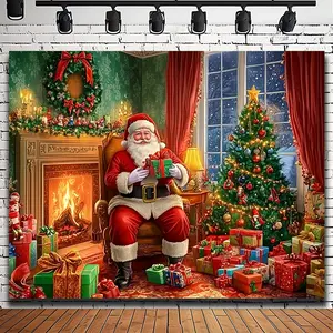Santa Claus Christmas Tapestry Vibrant Wall Hanging Decor for Festive Home Office Living Room with Fireplace Christmas Tree and Presents Gift for Winter Seasonal Holiday Decoration