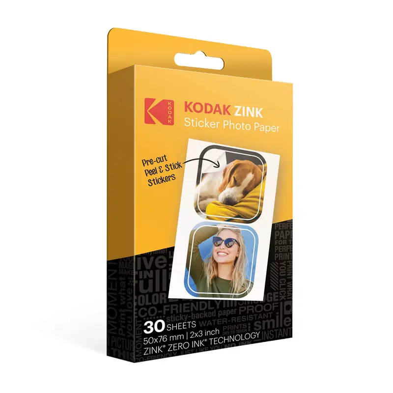 Kodak Premium Water Resistant Pre-Cut Peel-Off Sticker Paper, 2x3 in (30 Sheets) - Inkless Printing, Smudge-Proof, Compatible with Kodak Step Printer for Decorating Belongings
