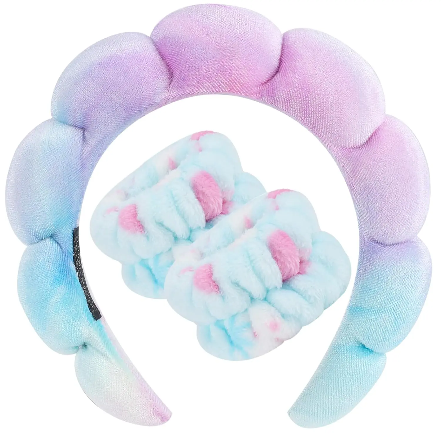 Women's Cute Elastic All-Purpose HBB24 Tie Dye Velvet Spa Headband & Terry Cloth Wristband Set - Puffy Padded, Non-Slip, Thick, Bubble-Soft Hair Accessory - Ideal for Face Washing, Work, Anniversary - Wipe Clean, 7.08*6.69*1.37in